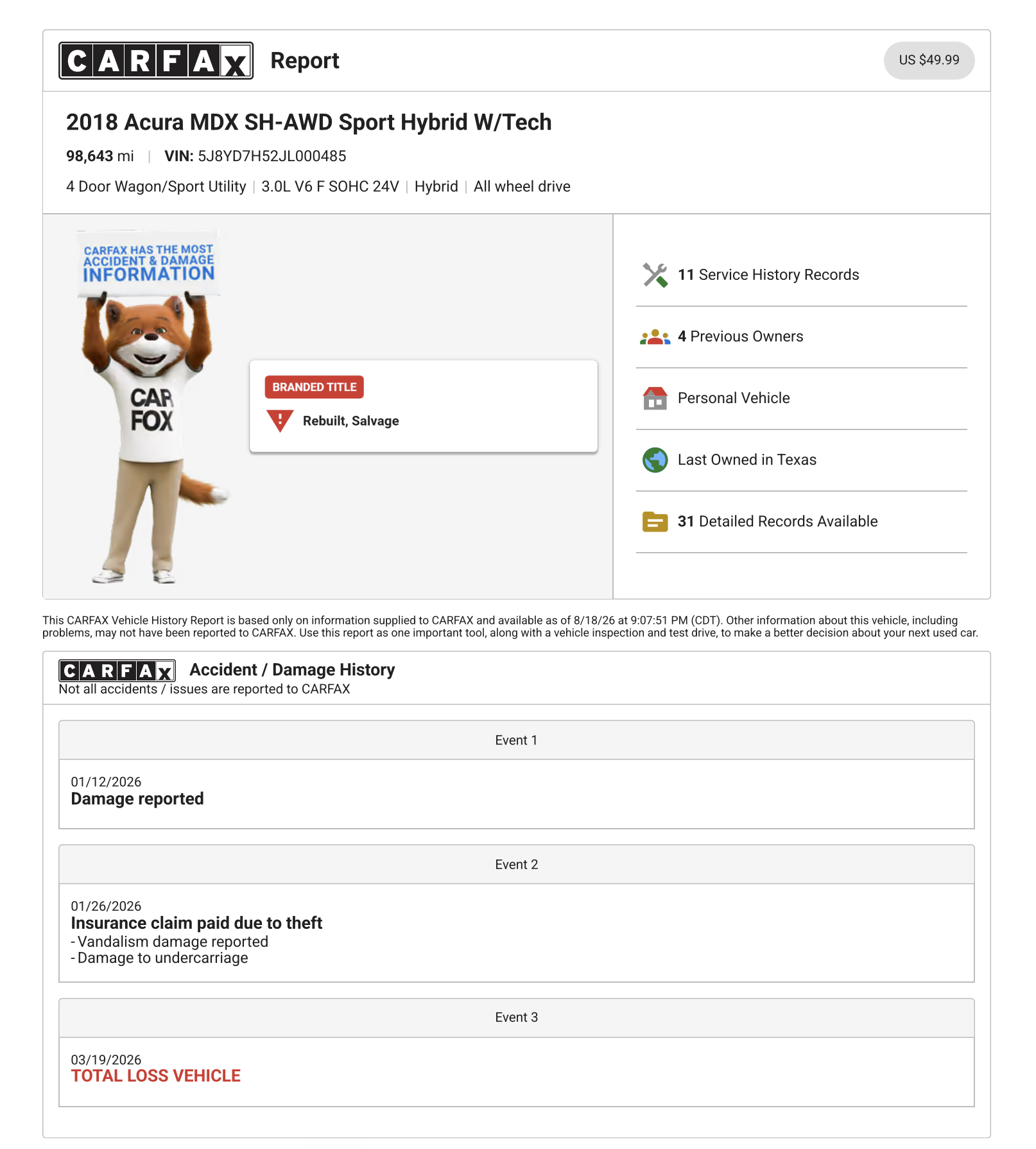 CARFAX overview for the 2018 Acura MDX, showing rebuilt and salvage title, four owners, eleven service records, theft-related damage and total loss history.